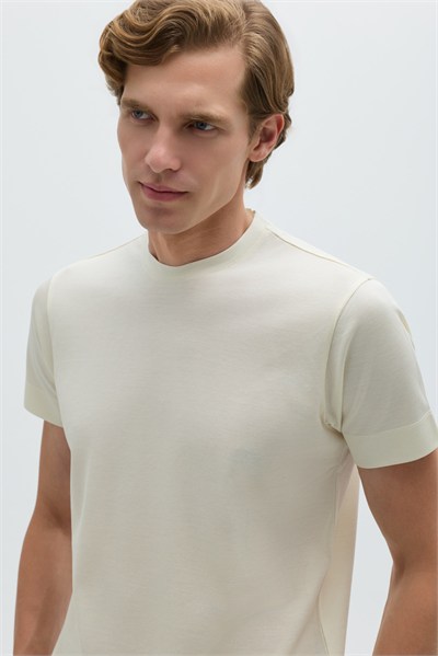Açık Krem %100 Pamuk Regular Fit Dokuma Bisiklet Yaka Basic T-Shirt
