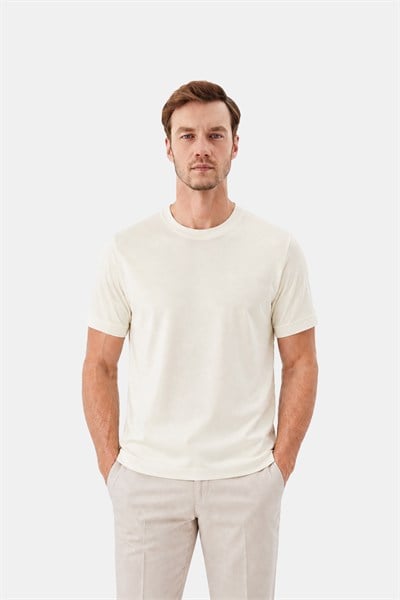 Açık Krem %100 Pamuk Regular Fit Dokuma Bisiklet Yaka Basic T-Shirt