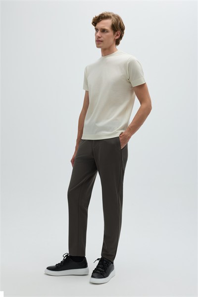 Açık Krem %100 Pamuk Regular Fit Dokuma Bisiklet Yaka Basic T-Shirt
