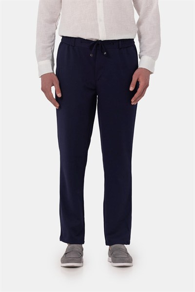 Açık Lacivert Dokulu Arka Lastikli Köprü Kemerli Bağcıklı Slim Fit Jogger Pantolon
