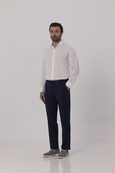 Açık Lacivert Dokulu Arka Lastikli Köprü Kemerli Bağcıklı Slim Fit Jogger Pantolon