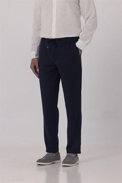 Açık Lacivert Dokulu Arka Lastikli Köprü Kemerli Bağcıklı Slim Fit Jogger Pantolon