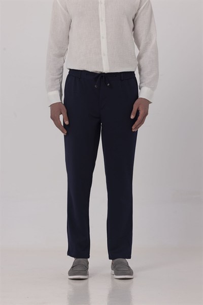 Açık Lacivert Dokulu Arka Lastikli Köprü Kemerli Bağcıklı Slim Fit Jogger Pantolon