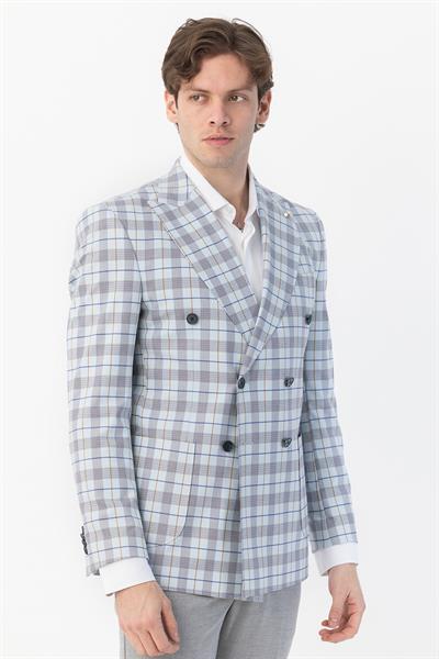 Giotelli Mavi Regular Fit Sivri Yaka Kruvaze Ekose Casual Ceket