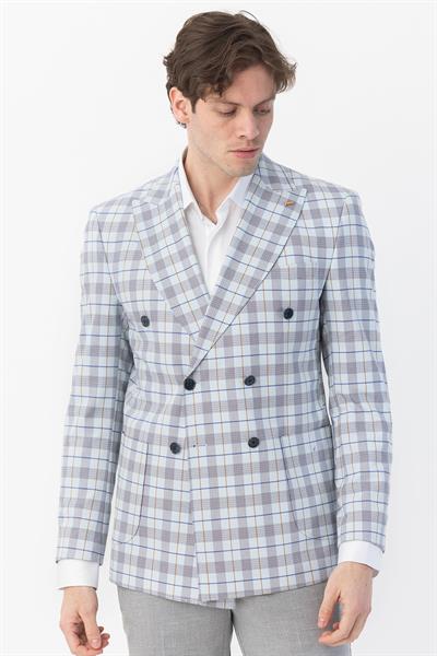 Giotelli Mavi Regular Fit Sivri Yaka Kruvaze Ekose Casual Ceket