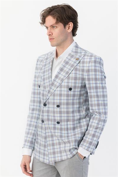 Giotelli Mavi Regular Fit Sivri Yaka Kruvaze Ekose Casual Ceket