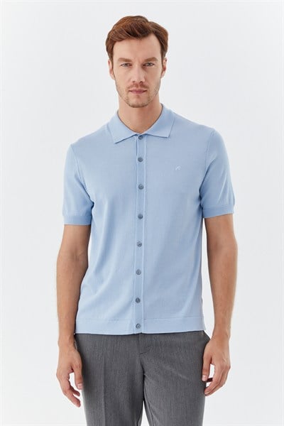 Açık Mavi Reglan Polo Yaka Triko Gömlek