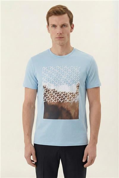 Giotelli Açık Mavi Slim Fit %100 Pamuk Baskılı Bisiklet Yaka Erkek Tişört