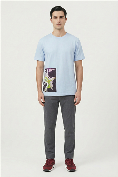 Giotelli Açık Mavi Oversize Fit %100 Pamuk Baskılı Bisiklet Yaka Erkek Tişört