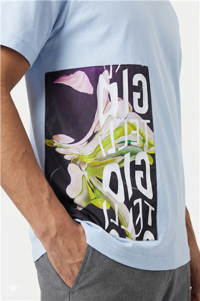 Giotelli Açık Mavi Oversize Fit %100 Pamuk Baskılı Bisiklet Yaka Erkek Tişört