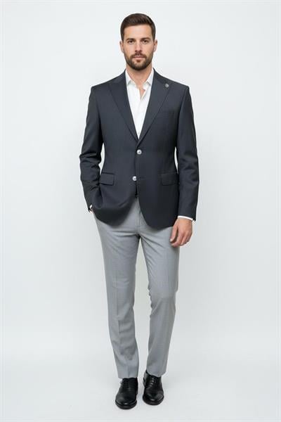 Giotelli Erkek Antrasit Normal Kesim Regular Fit %100 Yün Fleto Kapaklı Cep Çift Yırtmaçlı Sivri Yaka 6 Drop Klasik Ceket