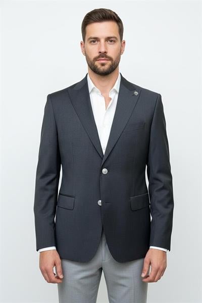 Giotelli Erkek Antrasit Normal Kesim Regular Fit %100 Yün Fleto Kapaklı Cep Çift Yırtmaçlı Sivri Yaka 6 Drop Klasik Ceket