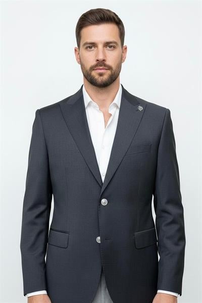 Giotelli Erkek Antrasit Normal Kesim Regular Fit %100 Yün Fleto Kapaklı Cep Çift Yırtmaçlı Sivri Yaka 6 Drop Klasik Ceket