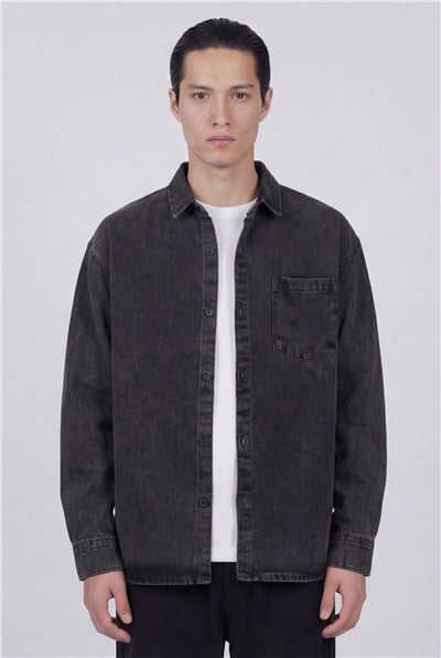 Erkek Antrasit Normal Kesim Regular Fit Pamuk Torba Cep Uzun Kollu Denim Ceket Gömlek
