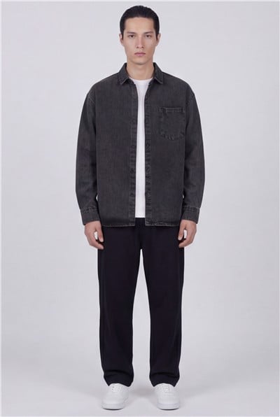 Erkek Antrasit Normal Kesim Regular Fit Pamuk Torba Cep Uzun Kollu Denim Ceket Gömlek