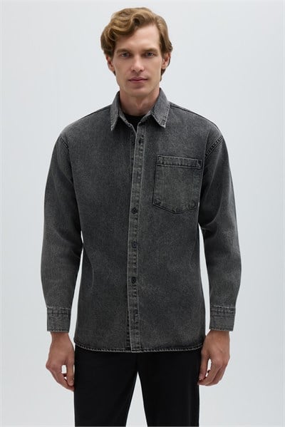 Antrasit Regular Fit Pamuk Cepli Uzun Kollu Denim Ceket Gömlek