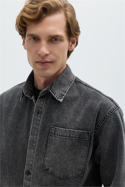 Antrasit Regular Fit Pamuk Cepli Uzun Kollu Denim Ceket Gömlek
