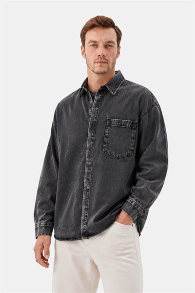 Antrasit Regular Fit Pamuk Cepli Uzun Kollu Denim Ceket Gömlek