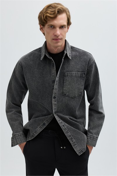 Antrasit Regular Fit Pamuk Cepli Uzun Kollu Denim Ceket Gömlek