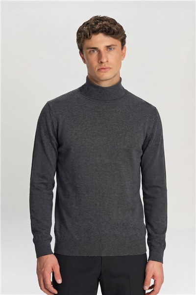 Erkek Antrasit Normal Kesim Regular Fit Pamuklu Yarım Balıkçı Yaka Triko Kazak