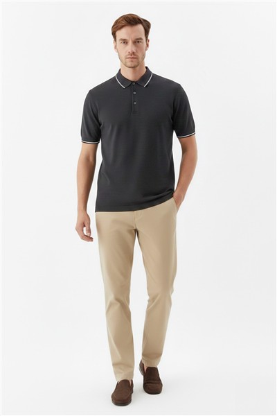 Erkek Antrasit Slim Fit %100 Pamuk Jakarlı Triko Polo Yaka Tişört