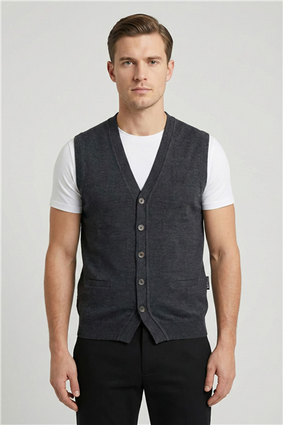 Giotelli Antrasit Yün Karışımlı Dokuma Kısa Kol Düğmeli Erkek Triko Süveter