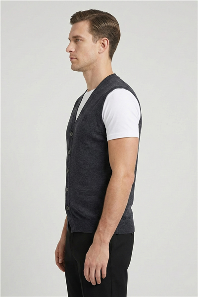 Giotelli Antrasit Yün Karışımlı Dokuma Kısa Kol Düğmeli Erkek Triko Süveter