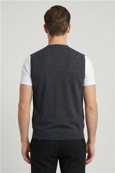 Giotelli Antrasit Yün Karışımlı Dokuma Kısa Kol Düğmeli Erkek Triko Süveter