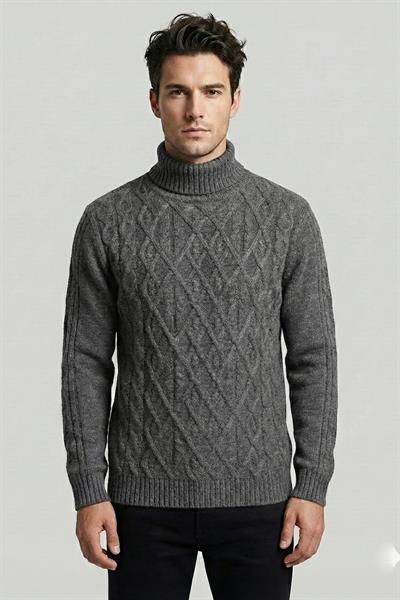 Antrasit Regular Fit Yünlü Desenli Tam Balıkçı Yaka Triko Kazak