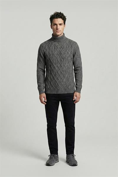 Antrasit Regular Fit Yünlü Desenli Tam Balıkçı Yaka Triko Kazak