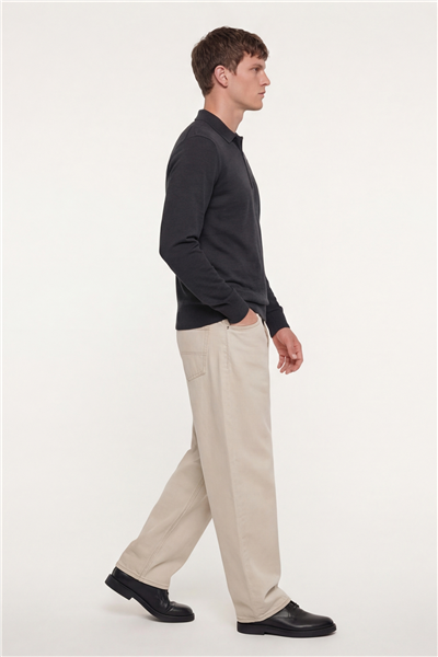 Erkek Antrasit Normal Kesim Regular Fit Yünlü Düz Fermuarlı Polo Yaka Triko Kazak