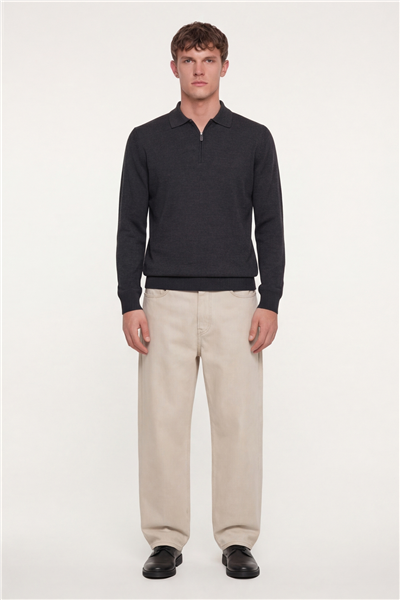 Erkek Antrasit Normal Kesim Regular Fit Yünlü Düz Fermuarlı Polo Yaka Triko Kazak