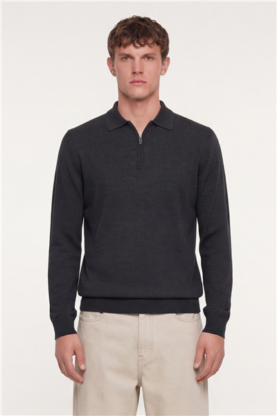 Erkek Antrasit Normal Kesim Regular Fit Yünlü Düz Fermuarlı Polo Yaka Triko Kazak