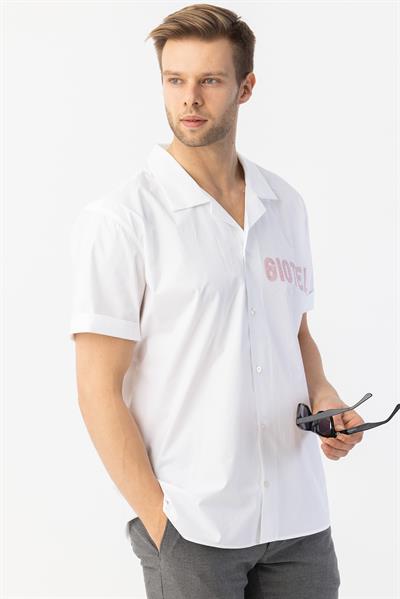 Apaş Yaka Baskılı Erkek Gömlek Beyaz
