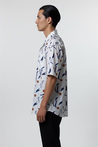 Giotelli Bej Oversize %100 Pamuk Desenli Apaş Yaka Kısa Kol Erkek Gömlek