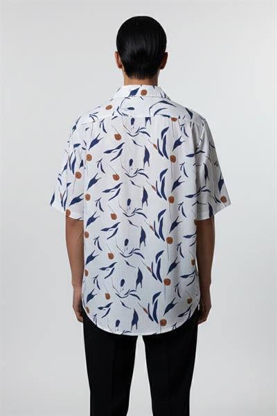 Giotelli Bej Oversize %100 Pamuk Desenli Apaş Yaka Kısa Kol Erkek Gömlek