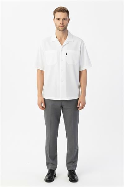 Giotelli Beyaz %100 Keten Apaş Yaka Kısa Kol Erkek Gömlek