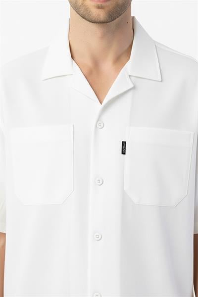 Giotelli Beyaz %100 Keten Apaş Yaka Kısa Kol Erkek Gömlek