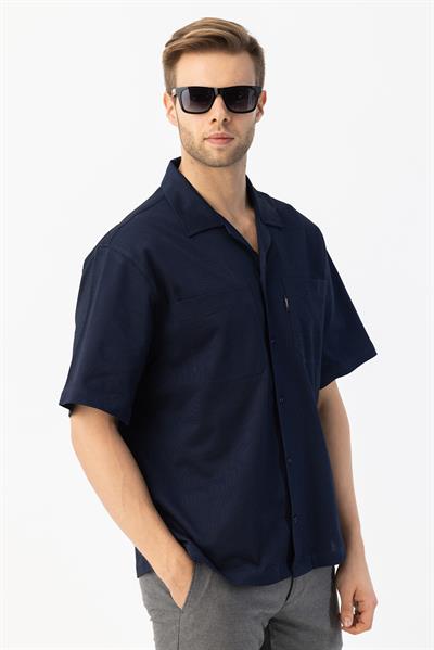 APAŞ YAKA KETEN ERKEK GÖMLEK Koyu Lacivert