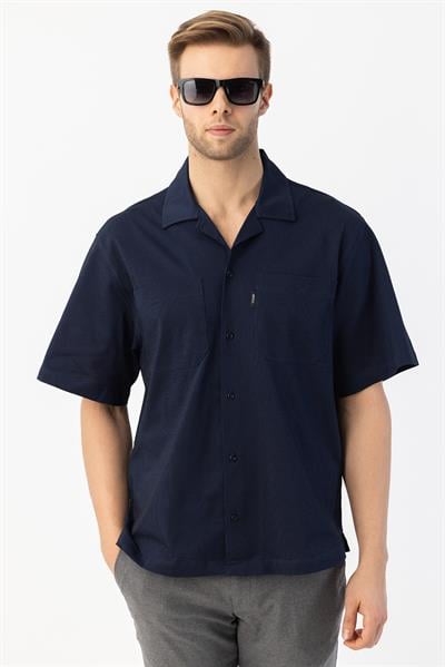 APAŞ YAKA KETEN ERKEK GÖMLEK Koyu Lacivert