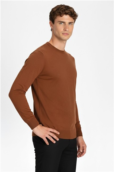Bakır Standart Fit Yün Karışımlı Bisiklet Yaka Düz Erkek Triko Kazak