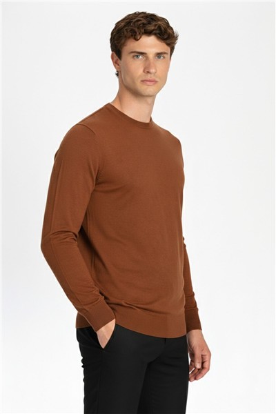 Bakır Standart Fit Yün Karışımlı Bisiklet Yaka Düz Erkek Triko Kazak