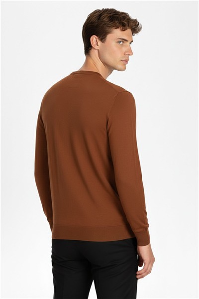 Bakır Standart Fit Yün Karışımlı Bisiklet Yaka Düz Erkek Triko Kazak
