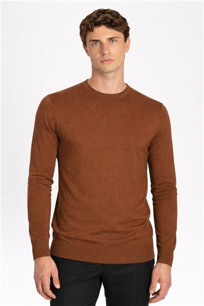 Bakır Standart Fit Yün Karışımlı Bisiklet Yaka Düz Erkek Triko Kazak