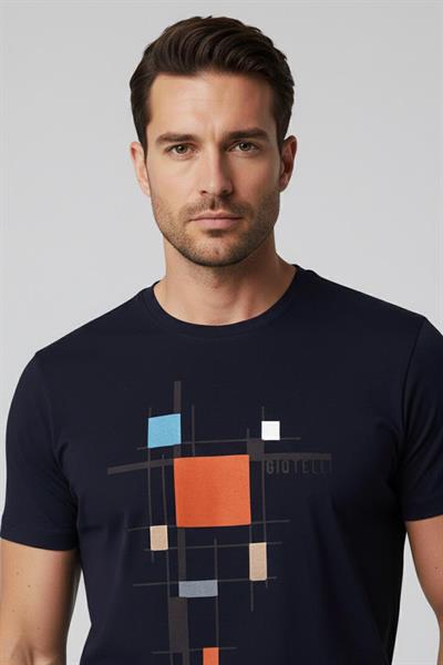 Giotelli Lacivert Slim Fit %100 Pamuk Baskılı Bisiklet Yaka Erkek Tişört