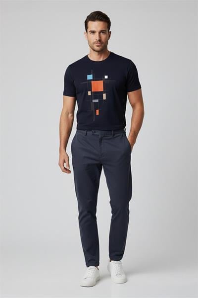 Giotelli Lacivert Slim Fit %100 Pamuk Baskılı Bisiklet Yaka Erkek Tişört