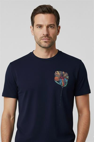 Giotelli Lacivert Oversize Fit %100 Pamuk Baskılı Bisiklet Yaka Erkek Tişört