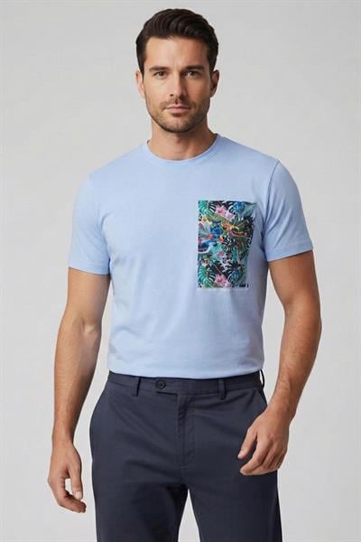 Giotelli Erkek Mavi Dar Kesim Slim Fit Pamuklu Örme Baskılı Bisiklet Yaka Tişört
