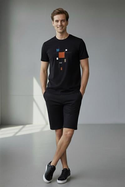 BASKILI BİSİKLET YAKA ERKEK TİŞÖRT Siyah