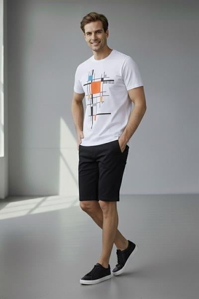 BASKILI BİSİKLET YAKA ERKEK TİŞÖRT Ekru